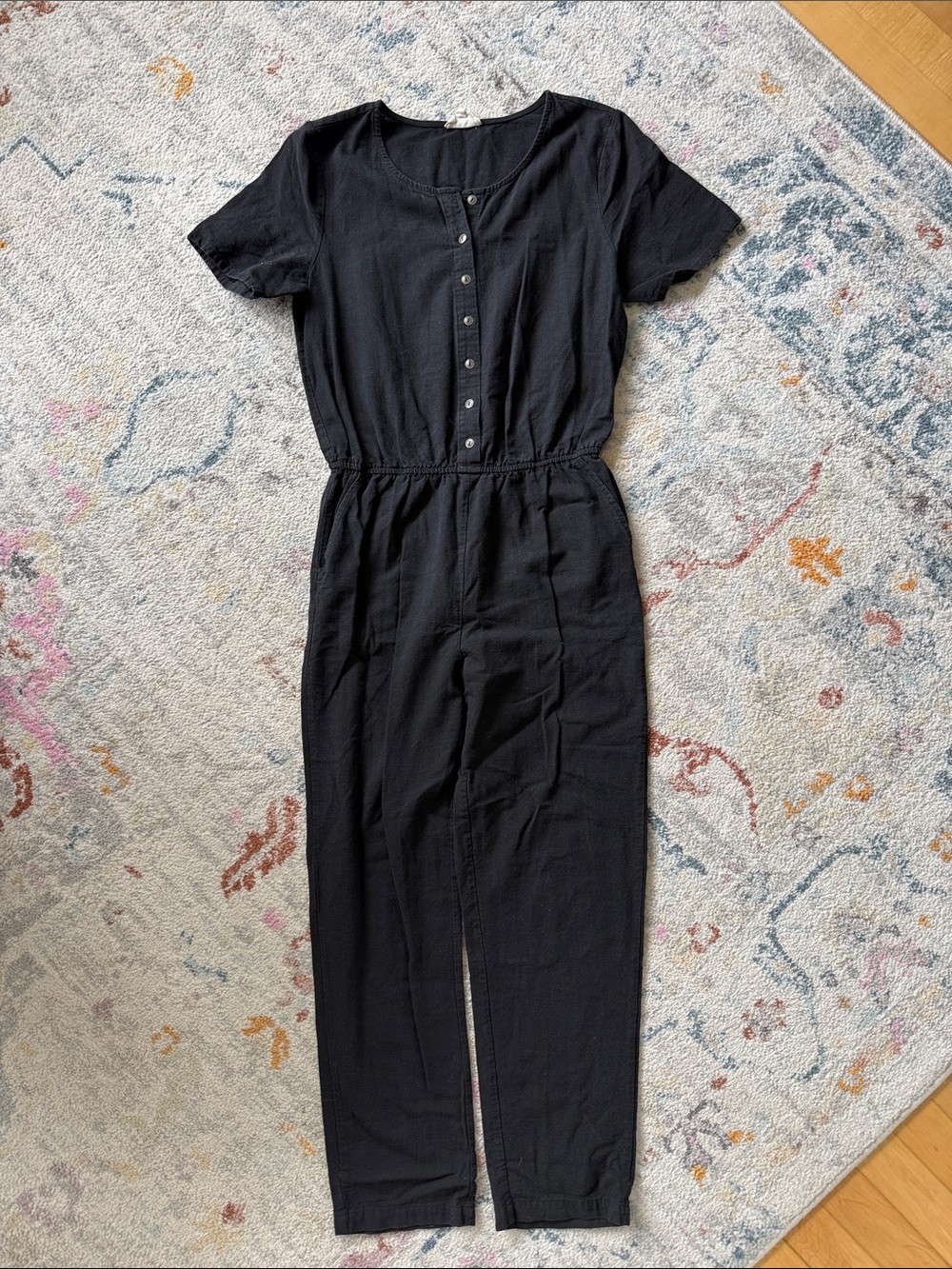 Women’s Black Short-Sleeve Button-Front Jumpsuit